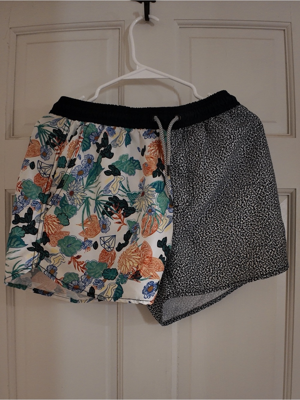 Men's Two-Panel Floral & Microprint Swim Trunks - White/Green/Orange/Black